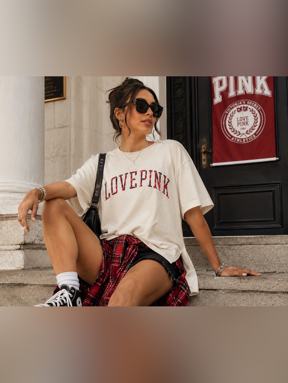 PINK Victorias Secret Plaid Campus Tee EUC